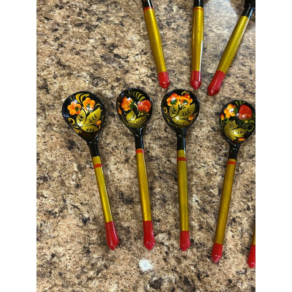 Lot Of 9 Vintage Khokhloma Russian Wooden Lacquer Hand Painted Spoons - Picture 2 of 7